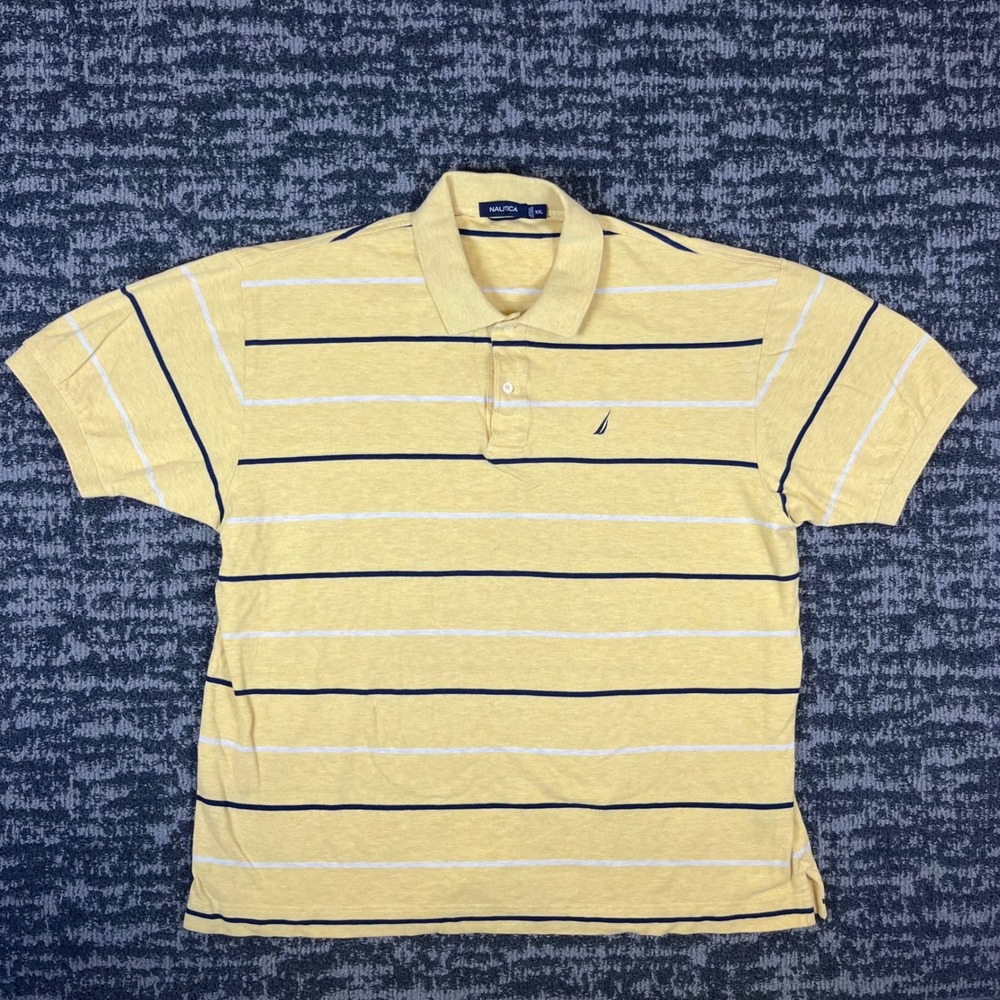 Nautica Polo Shirt Mens XXL Yellow Striped Short Sleeve Cotton Pique Logo